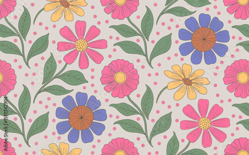 Floral pattern with pink, yellow, and blue flowers and green leaves on a dotted background design
