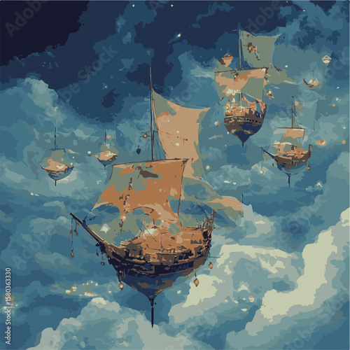 Whimsical illustration of a fleet of fantastical ships sailing through a dreamlike sky. This artwork captures a sense of wonder and imagination.