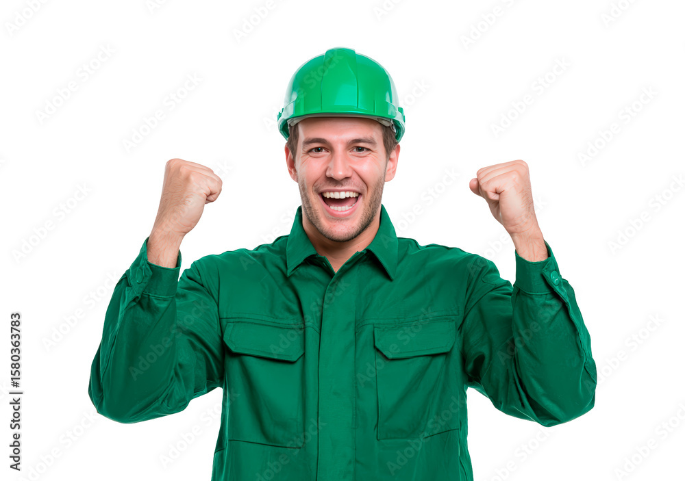 Celebratory construction worker in green safety gear demonstrates success and enthusiasm on transparent background, PNG Celebratory construction worker in green safety gear demonstrates success and enthusiasm on transparent background, PNG