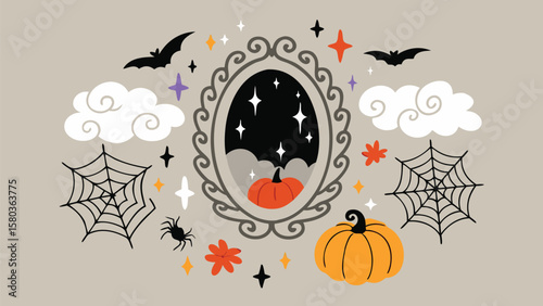 Halloween themed illustration with pumpkins, bats, spiderwebs, and a fancy mirror frame