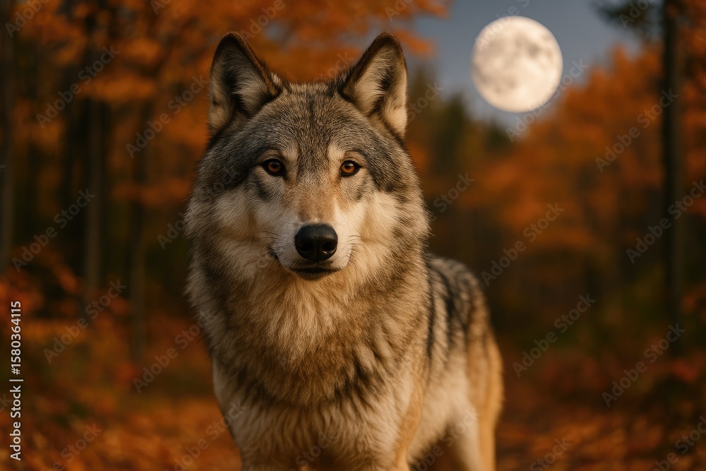 Fototapeta premium Autumn landscape featuring a gray male wolf in the wilderness