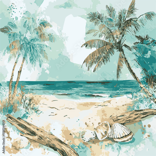 Tropical Beach Scene Illustration with palm tree, seashell on sand.