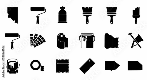 Black and white vector icons related to painting, decorating, and home improvement.