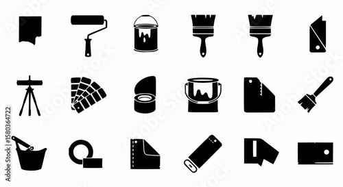 Black and white vector icons related to painting, decorating, and home improvement.
