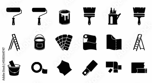 Black and white vector icons related to painting, decorating, and home improvement.
