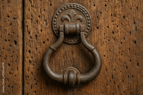 Close-up of an ancient medieval metal door knocker on a weathered wooden door with worm damage