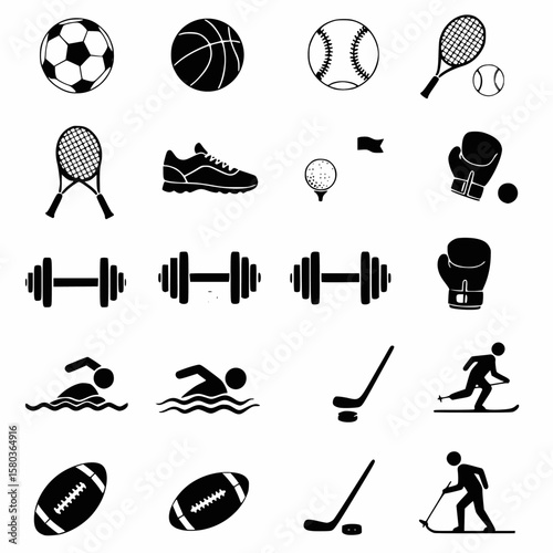 Black and white vector icons representing various sports, including equipment, activities, and athletes