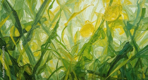 Abstract painting of grass and yellow flowers in a field with light shining through the foliage