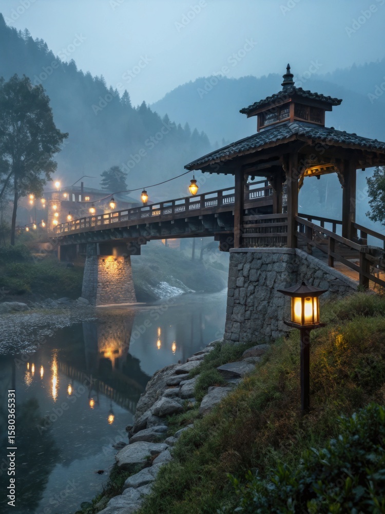 Obraz premium Peaceful evening by a beautiful Asian bridge adorned with lights spanning a calm river surrounded by misty mountains and lush greenery.