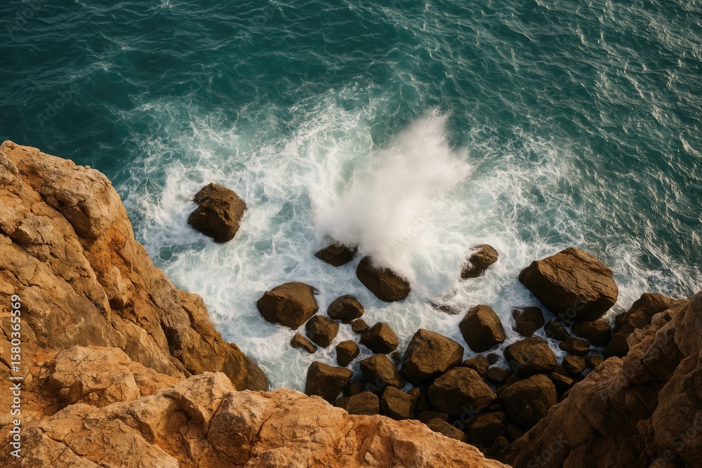 Fototapeta premium View from a cliff overlooking water crashing on rocks