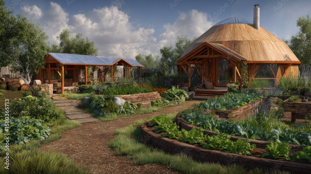 Fototapeta premium Eco-living homestead with composting area, vegetable beds, and clean sky