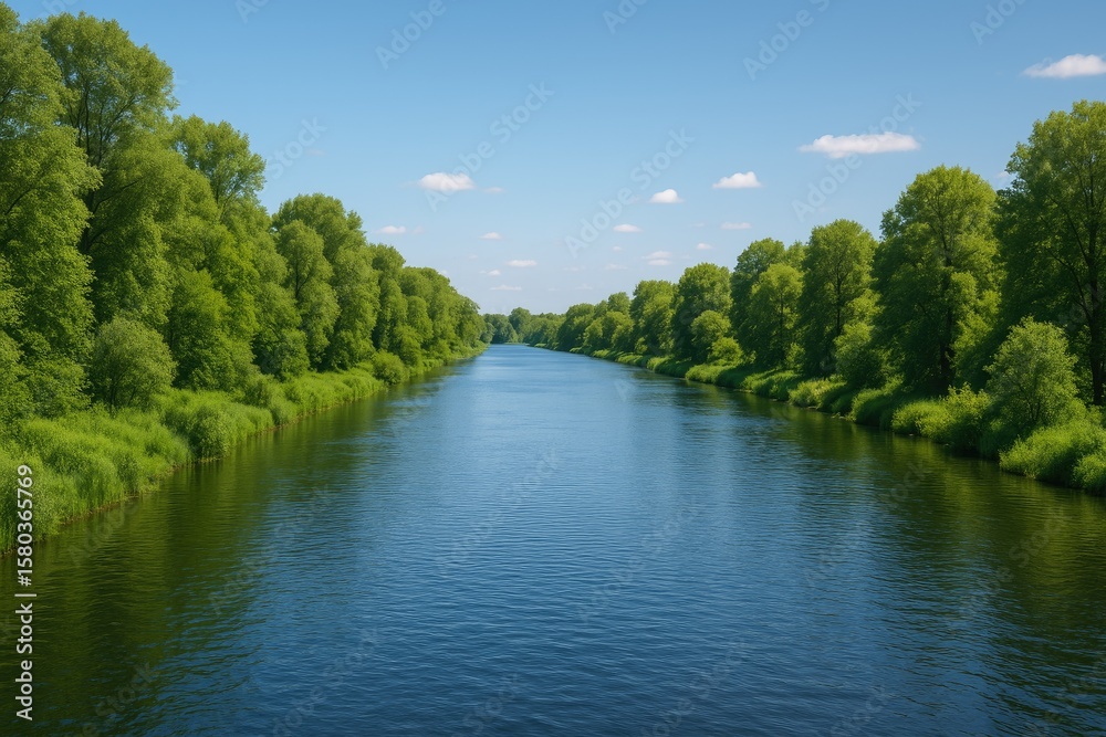Fototapeta premium Vast azure waterway bordered by lush foliage under bright sunlight