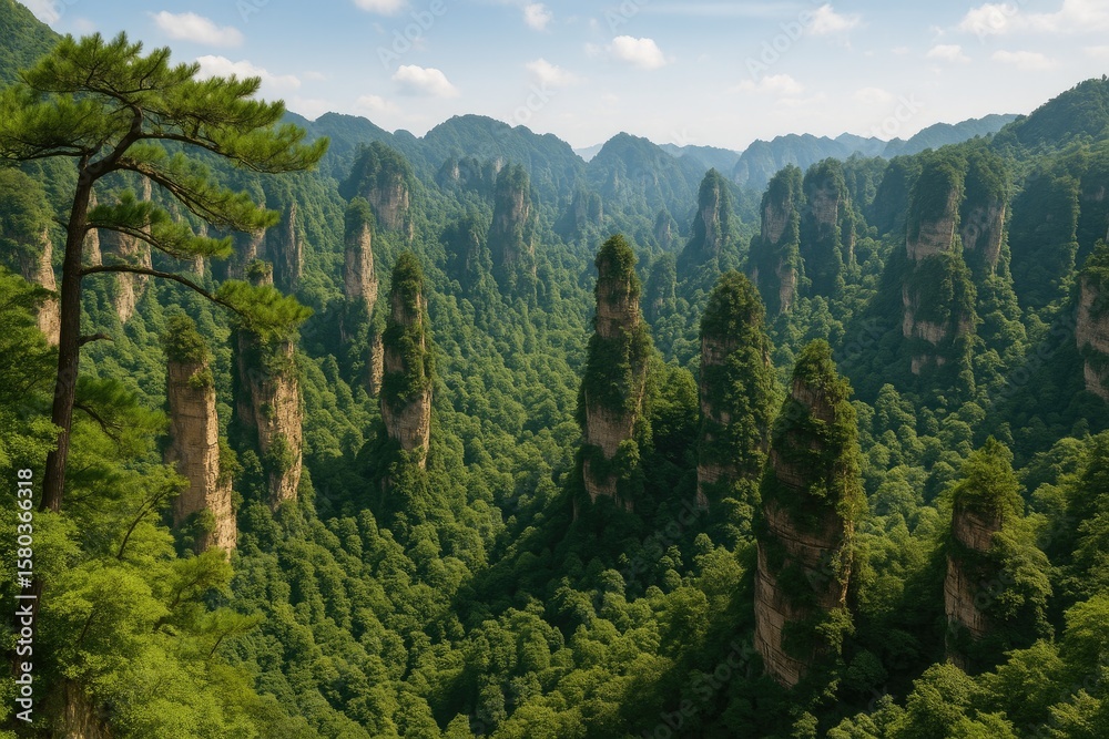Obraz premium Spectacular mountain scenery at a famous national park in China, renowned as the inspiration for the 'Avatar Mountains'