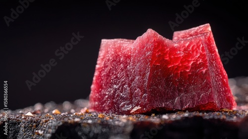 Dry aged beef close up featuring vibrant red coloration with crystalline surface texture and premium cut characteristics