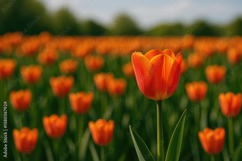Obraz premium Vibrant Orange Tulip Blooming in a Vast Flower Field