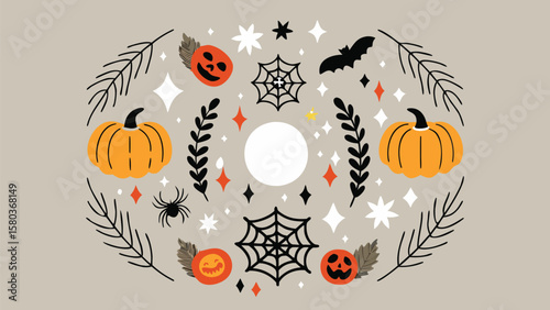 Illustration of halloween elements including pumpkins, bats, spiderwebs, stars and moon in oval shape