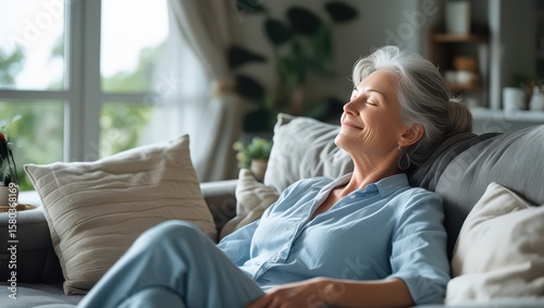 Woman with gray hair relaxing on a couch in a bright living room area