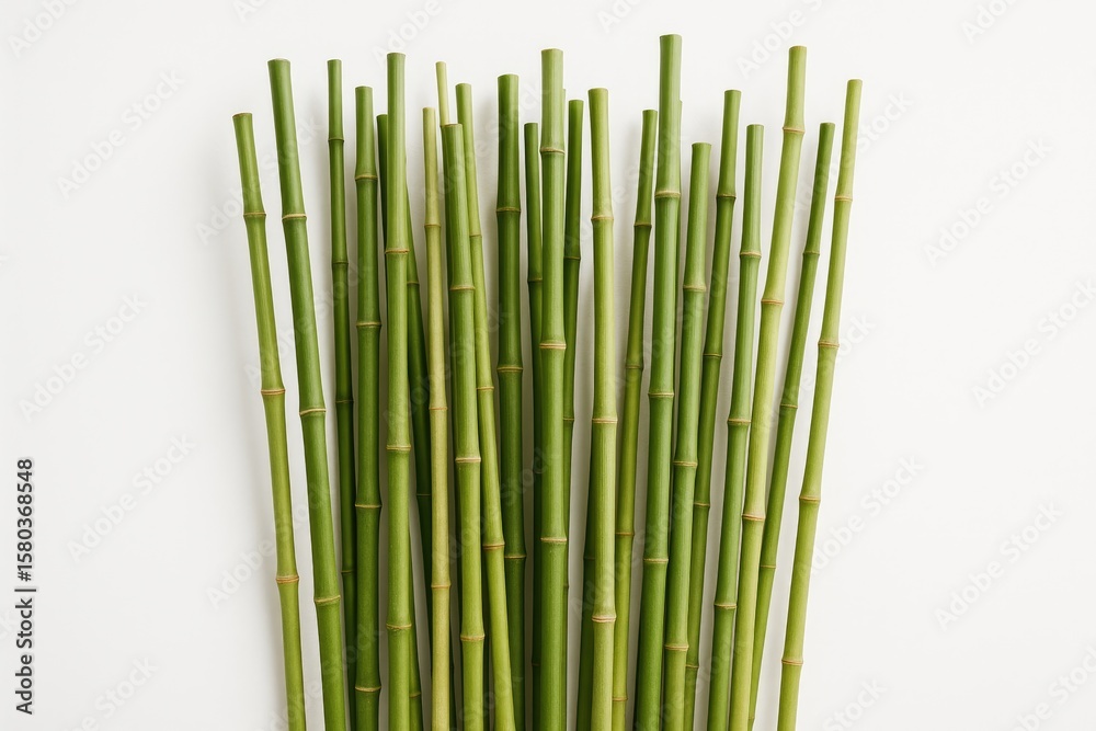 Fototapeta premium Numerous bamboo canes displayed against a plain white backdrop