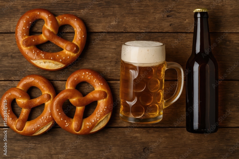Classic Bavarian-style pretzels paired with a beer mug on vintage wooden surface. Ideal for festive celebrations. Food display. Overhead shot. Mockup. Classic Bavarian-style pretzels paired with a beer mug on vintage wooden surface. Ideal for festive celebrations. Food display. Overhead shot. Mockup.