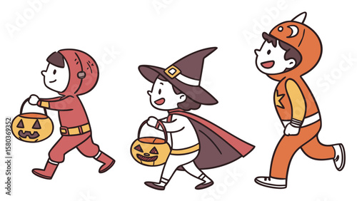 Three cheerful cartoon children in adorable halloween costumes including a witch a superhero and a pumpkin creature happily trick or treating with jack o lantern buckets