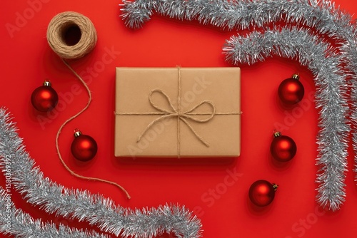 Wrapping holiday presents with festive decorations and ribbons on a vibrant red backdrop