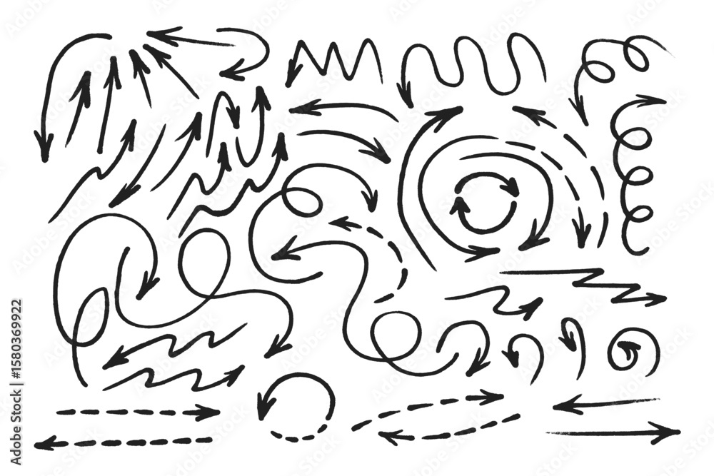 Fototapeta premium Hand drawn marker arrows symbols set. Doodle brush line grunge scribbles arrow pointers hand drawn vector illustration. Felt pen marker symbols collection.