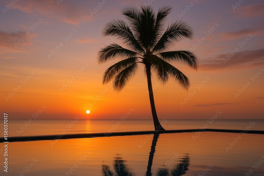 Fototapeta premium Sunset scene featuring a palm tree in the background