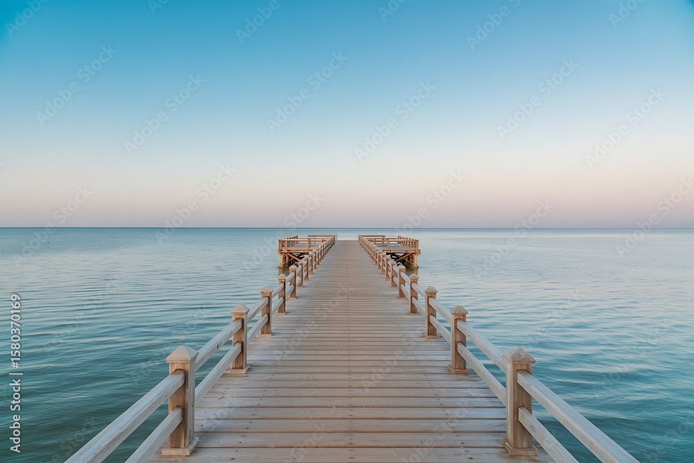 Obraz premium A long wooden pier extends into the calm ocean under a clear blue sky at dusk