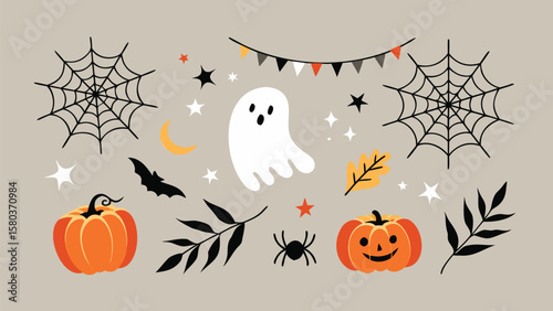 Halloween themed illustration with pumpkins, ghost, spiderwebs and other spooky elements design