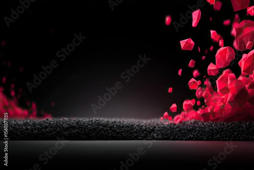 Abstract digital art of falling crimson polygons over a dark base