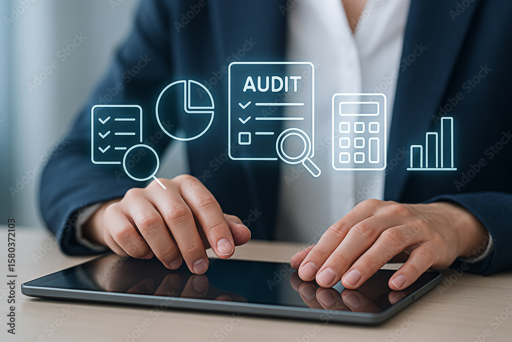 Fototapeta premium Business Professional Reviewing Audit Insights with Holographic Financial Interface