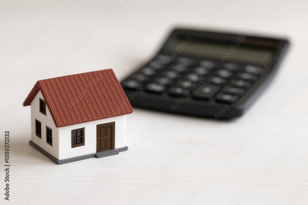 Small house model with a blurred calculator in the background, illustrating real estate and mortgage ideas with a focus on detail Small house model with a blurred calculator in the background, illustrating real estate and mortgage ideas with a focus on detail