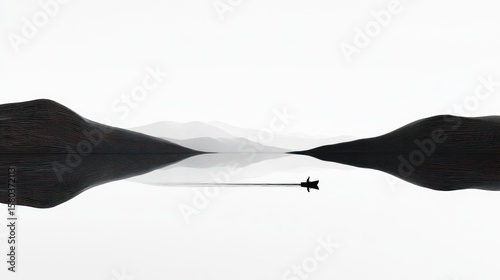 Minimalist lake scene, mountains mirrored in calm water, solitary boat