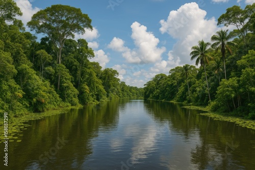 Wide-angle view of lush jungle and marshland area featuring a navigable waterway and a notable landmark