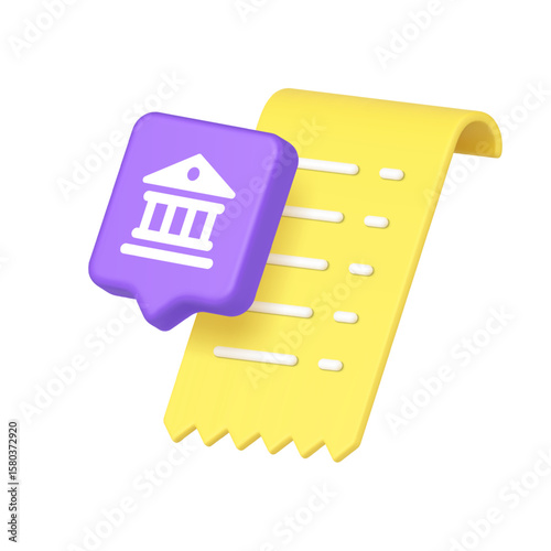 Purple bank icon combined with yellow receipt represents digital finance, banking transactions, and financial operations in a clean modern style. Isolated 3d icon realistic vector illustration