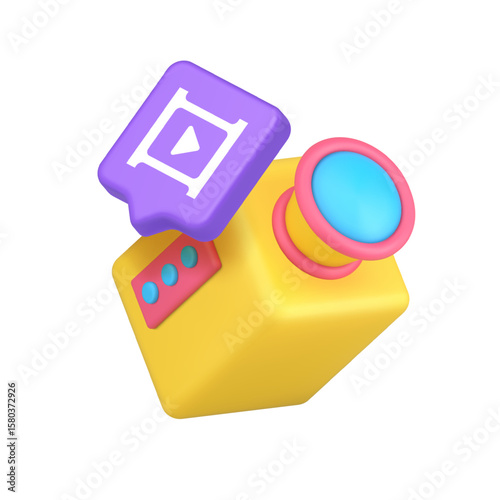 Vivid 3D icon featuring a camera and play button symbolizing media content, video recording, and online streaming. Ideal for digital use. Isolated 3d icon realistic vector illustration