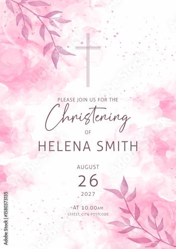 Hand painted pastel pink christening invitation design 