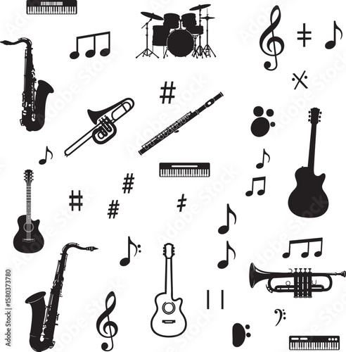 Musical Instruments and Symbols Silhouette Icon Set - Vector Collection