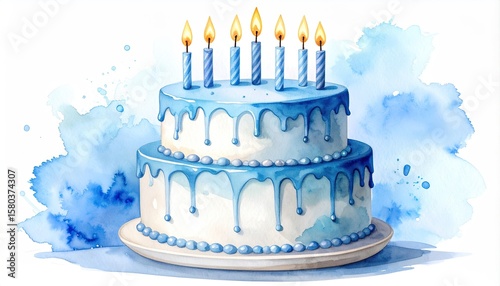 Watercolor birthday cake with blue icing and candles