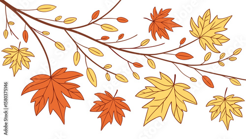 Stylized illustration of autumn maple leaves in warm orange and yellow hues adorning a brown tree branch against a clean white background