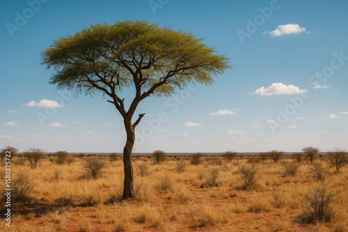A solitary tree amidst arid shrubland on a rural farm in Africa