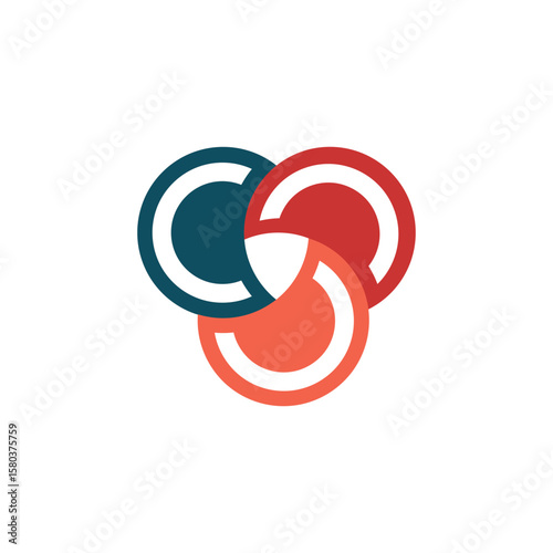 Three interlocked circular segments in red, orange, and dark teal, creating a sense of unity and movement