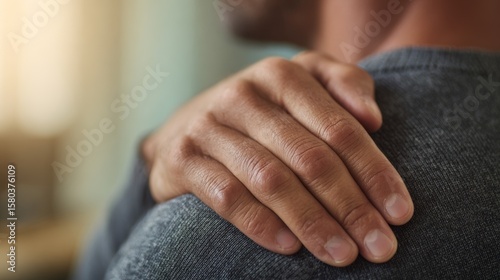Comforting gesture with reassuring hand on shoulder in a cozy living room setting providing emotional support