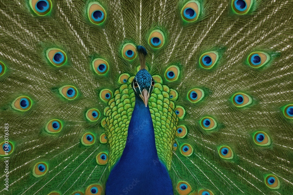 Obraz premium Vibrant peacock showcasing its fully spread feathers