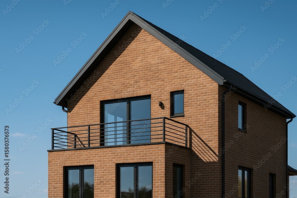 Contemporary home featuring a balcony and brick exterior under a sunny sky Contemporary home featuring a balcony and brick exterior under a sunny sky
