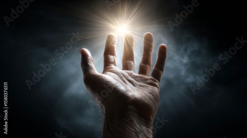 Mystical Hand Emerging From Shadowy Void With Brilliant Illuminated Fingertips Bringing Light Into Deep Darkness