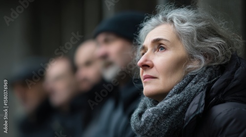 Thoughtful elderly woman with gray hair in warm scarf and coat sitting in group outdoors