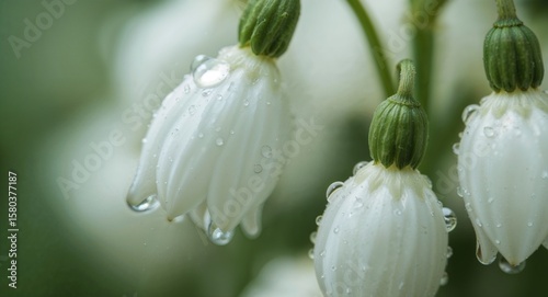 Close up of delicate white snowdrop flowers with water droplets in a soft green background setting