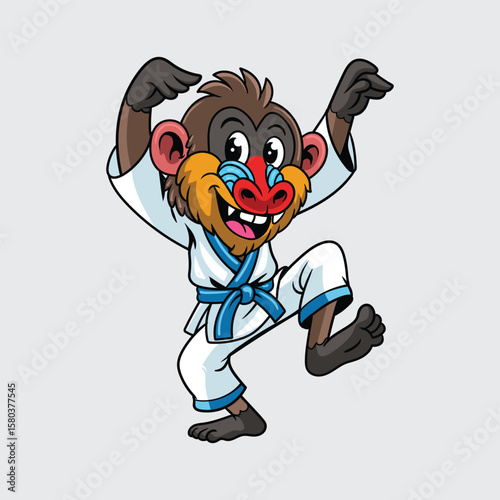 Cute mandrill in karate pose, wearing a white gi with blue belt in a cartoon character illustration
