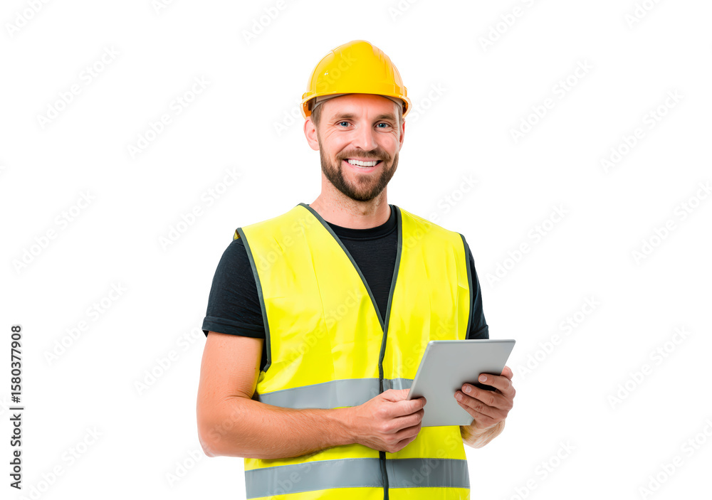 Construction professional holding tablet in yellow safety vest on transparent background, PNG Construction professional holding tablet in yellow safety vest on transparent background, PNG